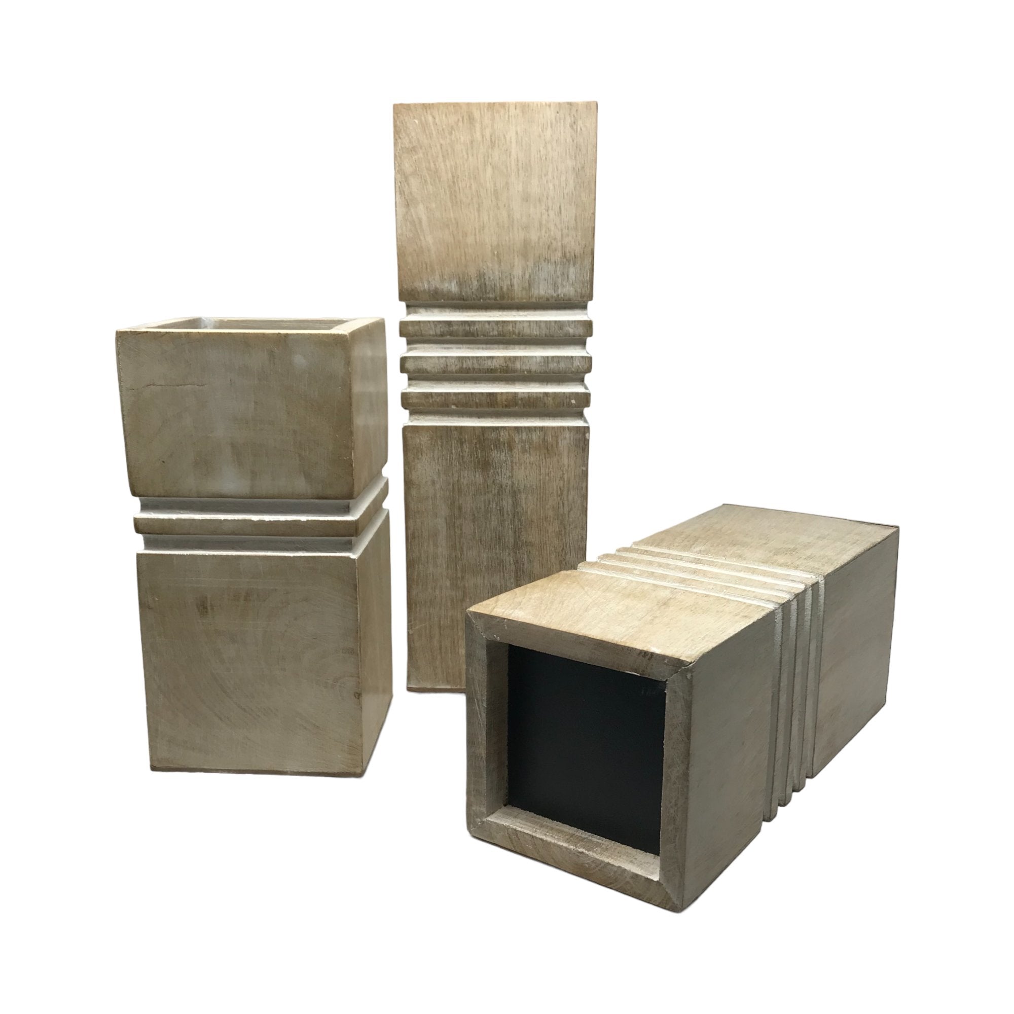 Set of 3 Mango Wood Cubic Pillar Candle Holders - HER Home Design Boutique